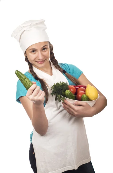 Chica cocinero y productos sobre fondo blanco —  Fotos de Stock