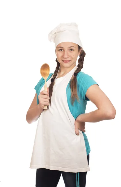 Kız beyaz arka plan üzerinde pişirmek — Stok fotoğraf