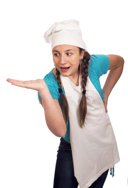 Menina cozinheiro no fundo branco — Fotografia de Stock