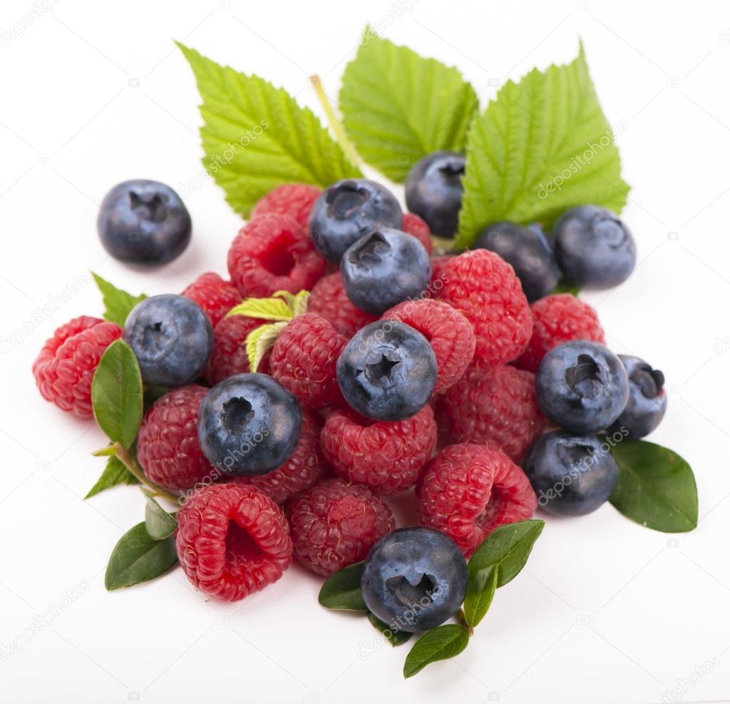 Many blueberries & raspberries.
