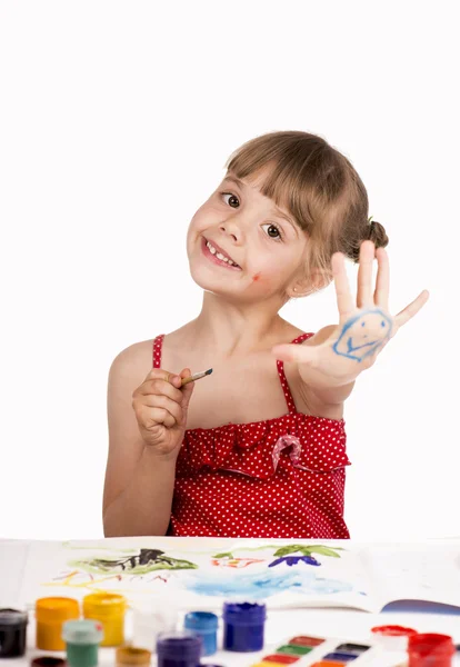 Little girl draws paints — Stock Photo, Image