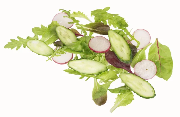 Cut cucumbers, garden radish and lettuce leaves — Stock Photo, Image