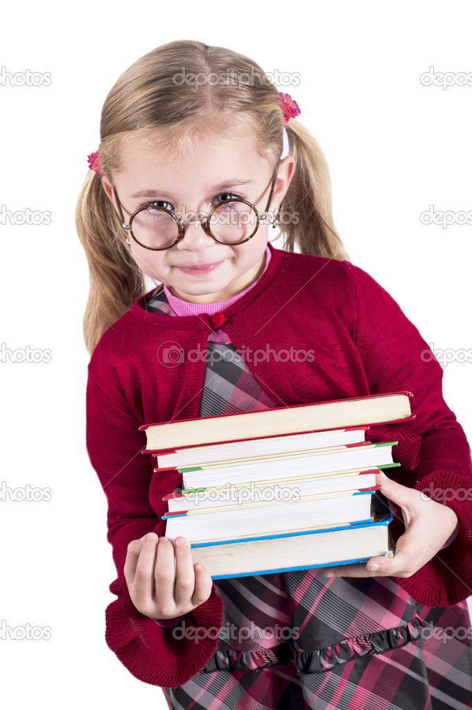Ittle girl wearing spectacles holds books