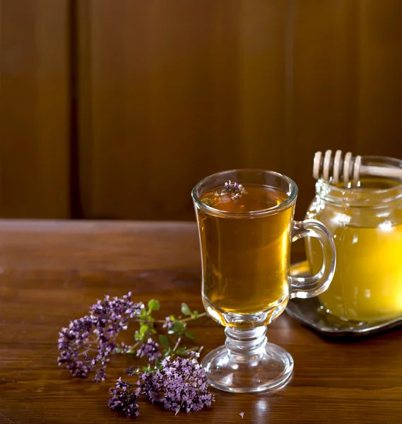 Still life from medicinal herbs, honey, herbal tea — Stock Photo, Image