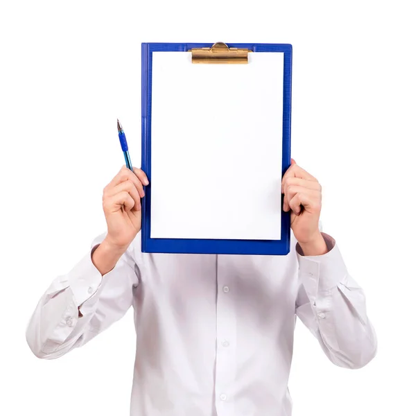 Portrait Happy Young Man Holding Something Palm Isolated White Background — Stock Photo, Image