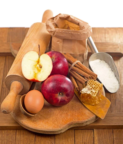 Honey Spoon Jar Honey Apples Cinnamon Wooden Background Rustic Style — Stock Photo, Image