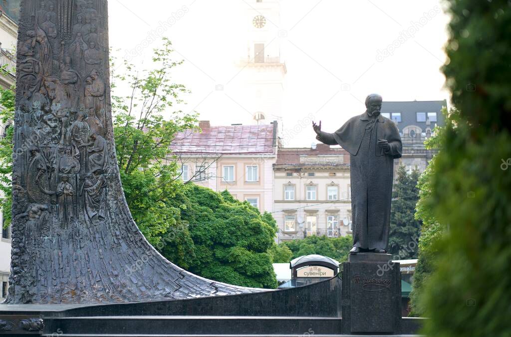 LVIV, UKRAINE - : Taras Shevchenko Monument, Lviv, Ukraine. It has 4.45m long statue of Taras Shevchenko with a Wave of Renaissance Stella with relief figures, made by Syhorskih bros.