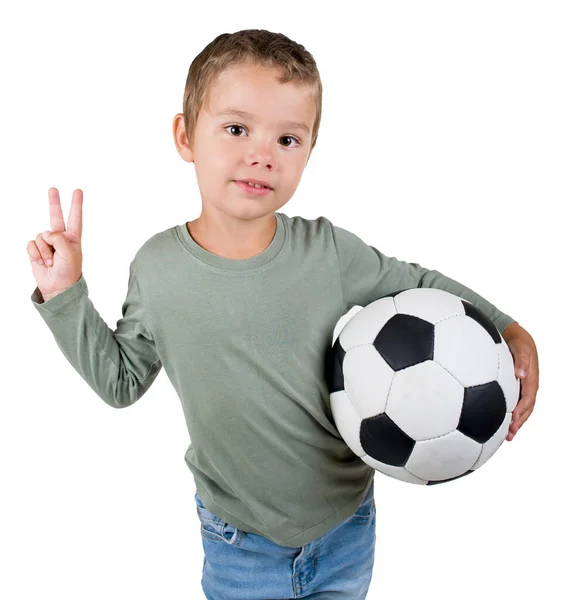 Malý Chlapec Fotbalovým Míčem Izolovaný Bílém — Stock fotografie