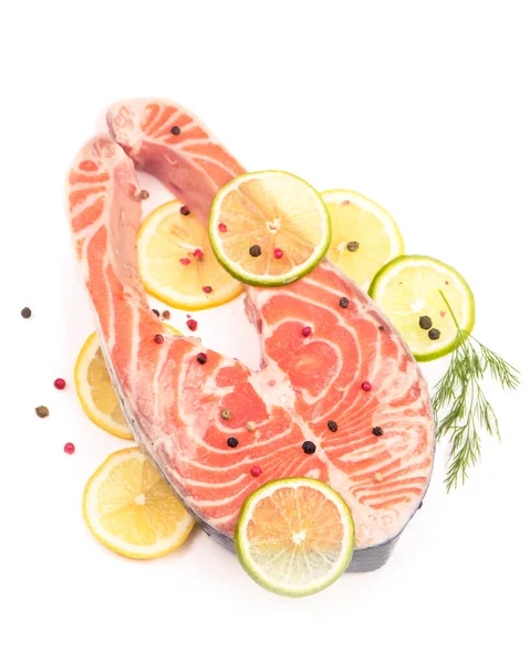 Steak Red Fish Sliced Lemons White — Stock Photo, Image