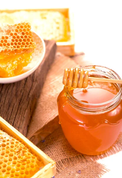 Glass Pot Floral Honey Isolated White Background — Stock Photo, Image