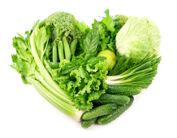 Форма Серця Різними Овочами Зелене Серце Здорове Харчування Вегетаріанська Їжа — стокове фото