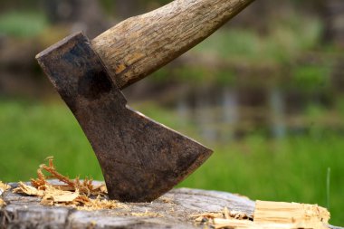 Old rusty axe with wooden handle stuck in the stump. blurred background with pile of wood logs, Large ax sticks out in felled wood of background
