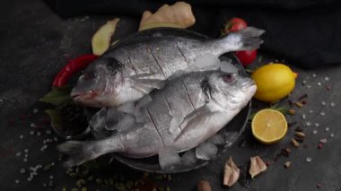Kara tahtada taze Dorado baharatlar, otlar, limon ve tuzlu