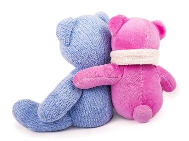 Arkadaşlık. İki oyuncak ayı, birinin kollarında.