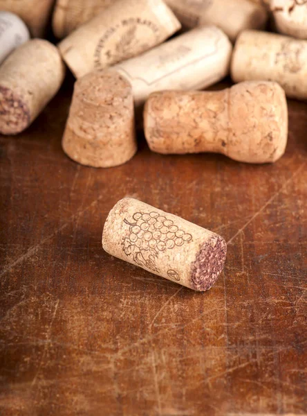 Dated Wine Bottle Corks Wooden Background — Stock Photo, Image
