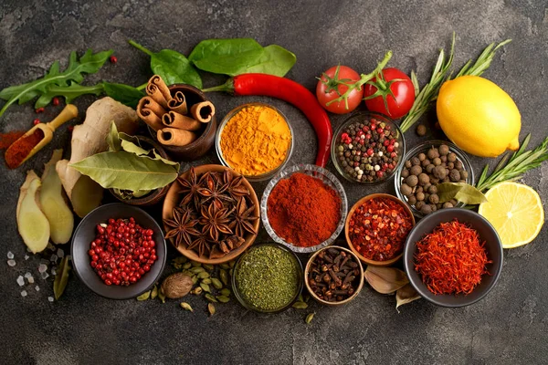 Assortment Natural Spices Dark Rustic Stone Background Healthy Spice Concept — 图库照片
