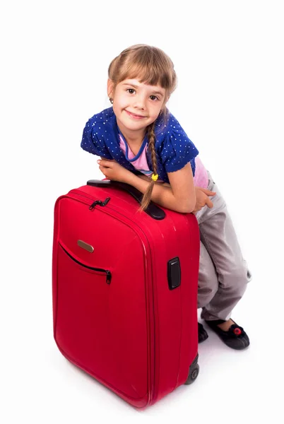 Girl Big Red Suitcase Isolated White Background — Stok Foto