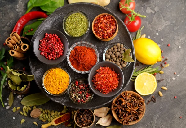 Assortment Natural Spices Dark Rustic Stone Background Healthy Spice Concept — Stockfoto
