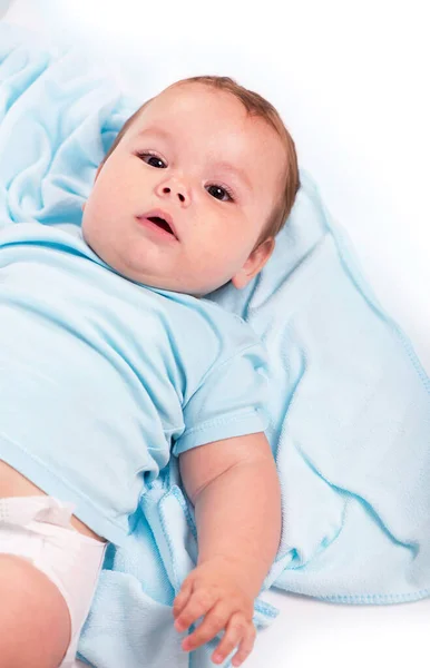 Little Baby Boy Lying Bed Smiling — Stock Photo, Image