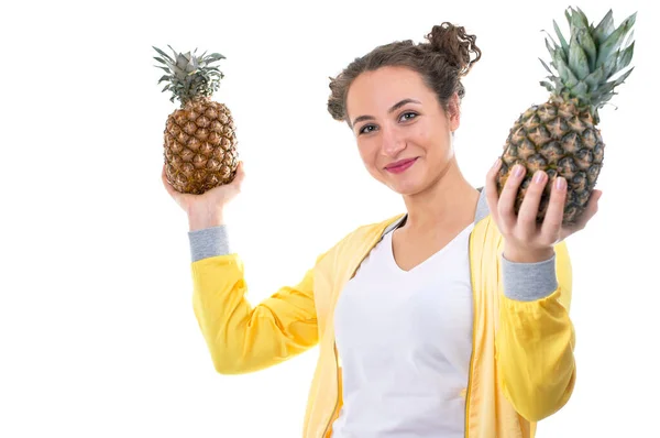 Beautiful Young Woman Pineapple Isolated White — Stock Photo, Image