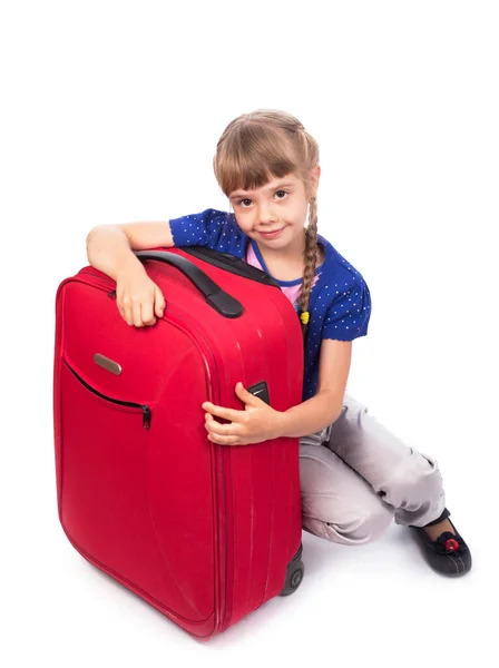 Girl Big Red Suitcase Isolated White Background — Stok Foto