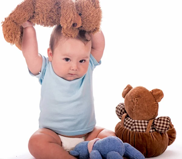 Dulce Niño Con Osos Peluche Aislados Blanco — Foto de Stock