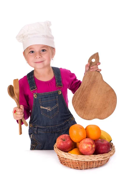 Close Portrait Little Girl Holding Fruits Kitchen Appliances — Stockfoto