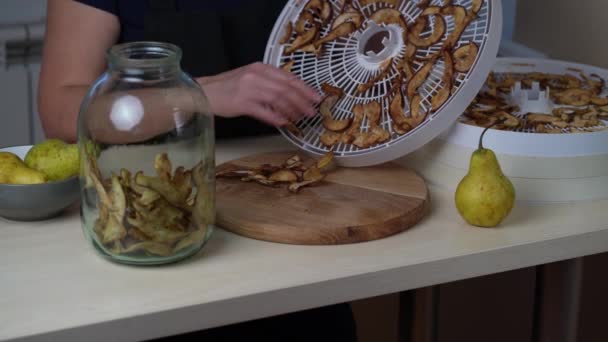 烘干苹果和梨的过程 采摘过冬的干果 — 图库视频影像