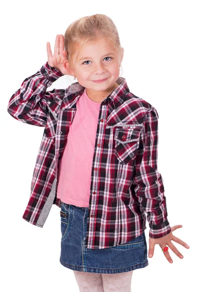 Studio Shot Portrait Thoughtful Little Girl Who Eavesdropping Copy Space — стоковое фото