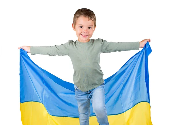 Chłopiec Piłką Nożną Flagą Ukrainy Białym Tle — Zdjęcie stockowe