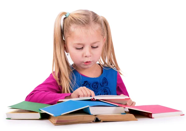 Chica Leyendo Libro Aislado Blanco — Foto de Stock