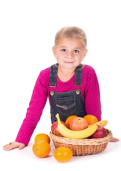 Close Portrait Little Girl Holding Fruits Apples Pear — Zdjęcie stockowe