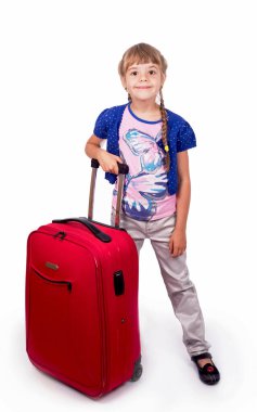 girl and big red suitcase isolated on white background