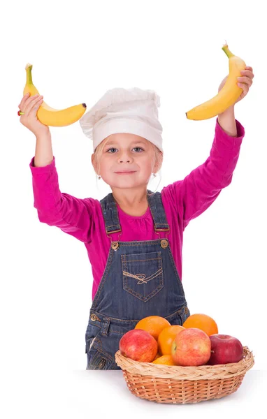 Close Portrait Little Girl Holding Fruits Apples Pear — 스톡 사진