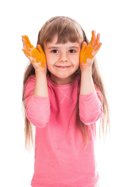 Das Kind Zeichnet Kindermalerei Kleines Mädchen Zieht Die Sonne Kinderhände — Stockfoto