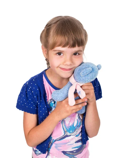 Niña Sosteniendo Oso Peluche Aislado Sobre Fondo Blanco Chica Abrazando —  Fotos de Stock