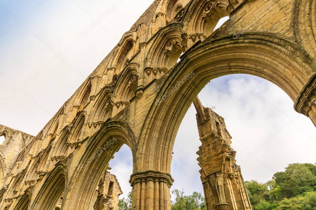 Close-up architectural details at the Ruins of Rievaulx Abbey, a Cistercian abbey in Rievaulx  near Helmsley in the North York Moors National Park.