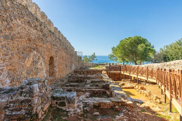 Vnitřní Pevnost Středověkého Hradu Alanya Pobřeží Středozemního Moře Jižním Turecku — Stock fotografie