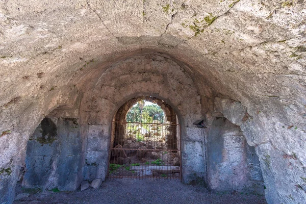 Detalhes Teatro Romano Cidade Histórica Mediterrânea Side Turquia — Fotografia de Stock