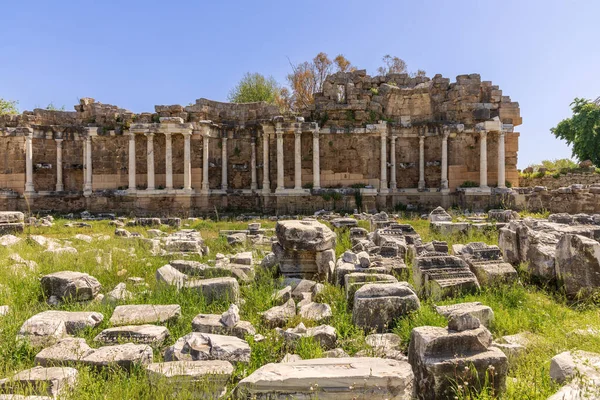 Ruínas Fonte Monumental Nymphaeum Antiga Cidade Side Turquia — Fotografia de Stock