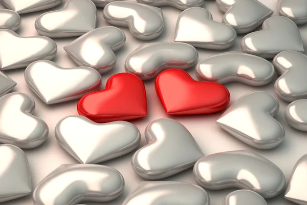 Deux cœurs rouges 3D sur fond de cœurs blancs — Photo