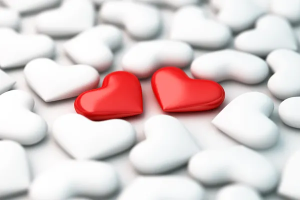 Dois corações vermelhos 3d no fundo corações brancos — Fotografia de Stock