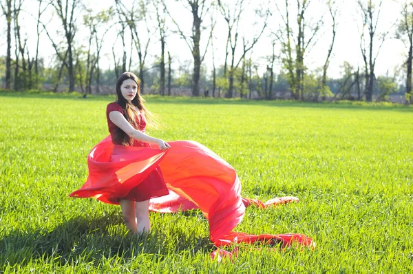 Jonge dame in rode jurk op veld — Stockfoto