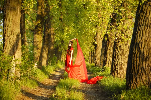 Dame in het rood op de weg — Stockfoto