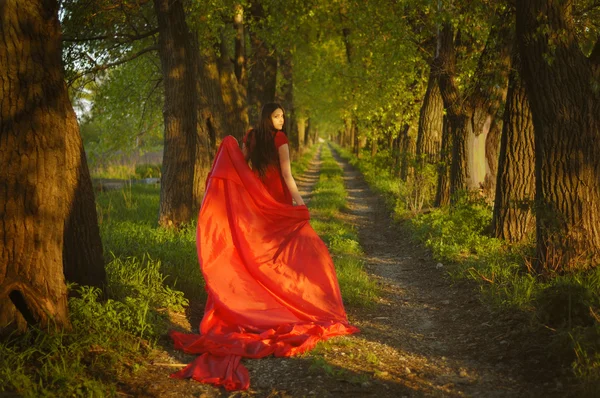 Dame en rouge sur le chemin — Photo