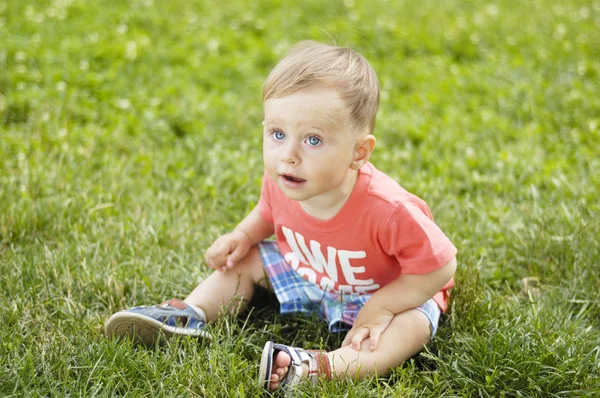 Aranyos kis fiú a fűben — Stock Fotó