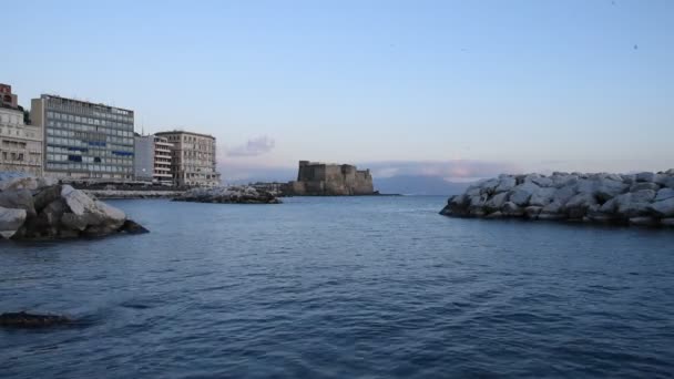 Castel Dell Ovo Apusul Soarelui Mare Timpul Iernii Napoli — Videoclip de stoc