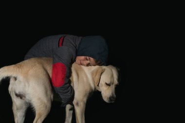 Küçük bir çocuk akşamları labrador köpeğiyle oynuyor.