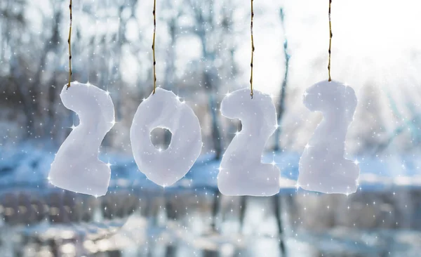 River Covered Ice Snow Snow Icicles Form Numbers 2022 Hang — Stock Photo, Image