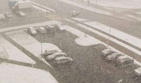 Une Image Floue Parking Avec Des Voitures Lors Une Tempête — Photo